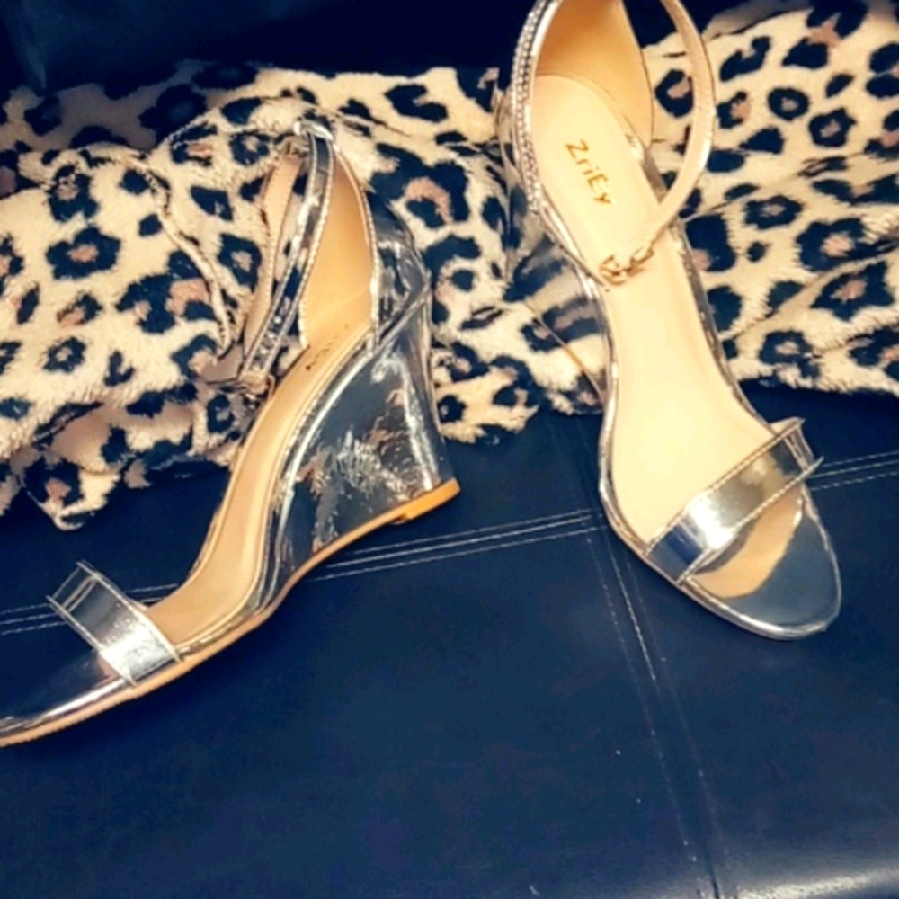 Silver, ankle strap wedge